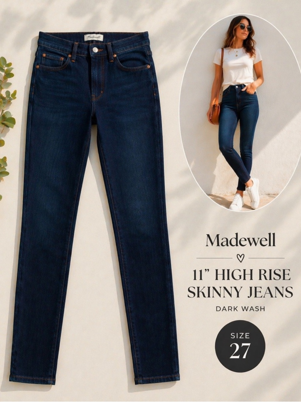 Madewell 11” High Rise Skinny Jeans Size 27 Dark Wash Stretch Denim